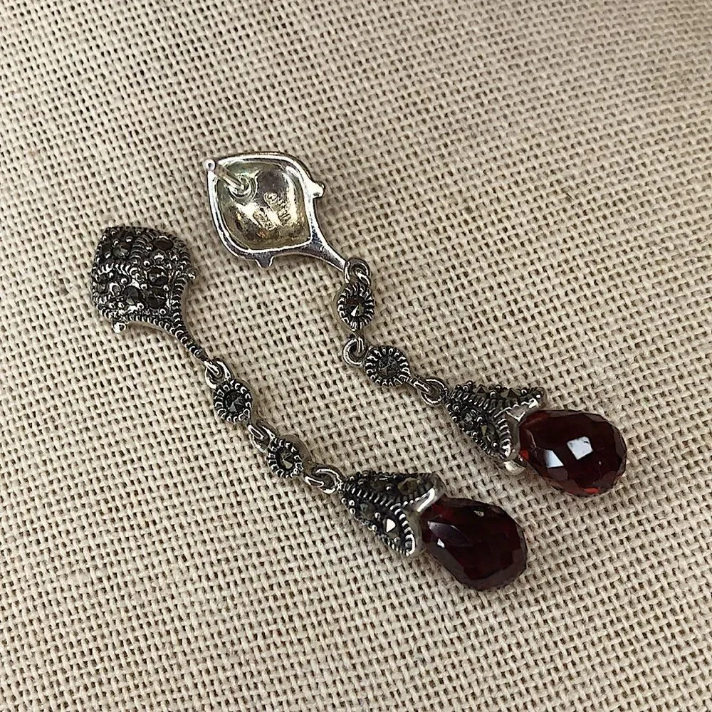 Vintage Red Garnet and Marcasite Long Drop Dangle Sterling Silver Earrings - Picture 5 of 14